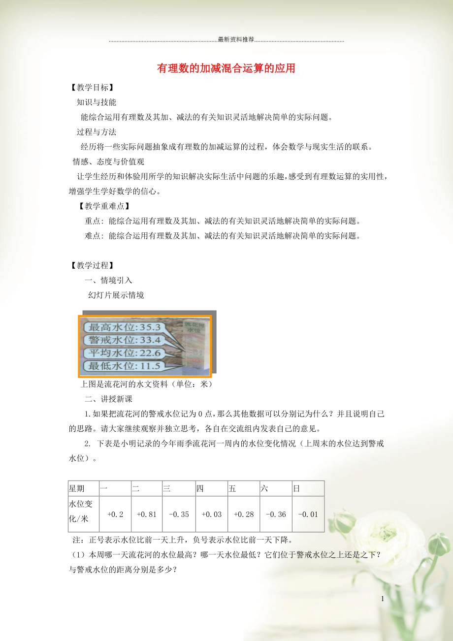 初中七年級(jí)數(shù)學(xué)上冊(cè) 第1章 有理數(shù)1.4 有理數(shù)的加減 5加減混合運(yùn)算——加減混合運(yùn)算的應(yīng)用教案（新版）滬科版_第1頁(yè)