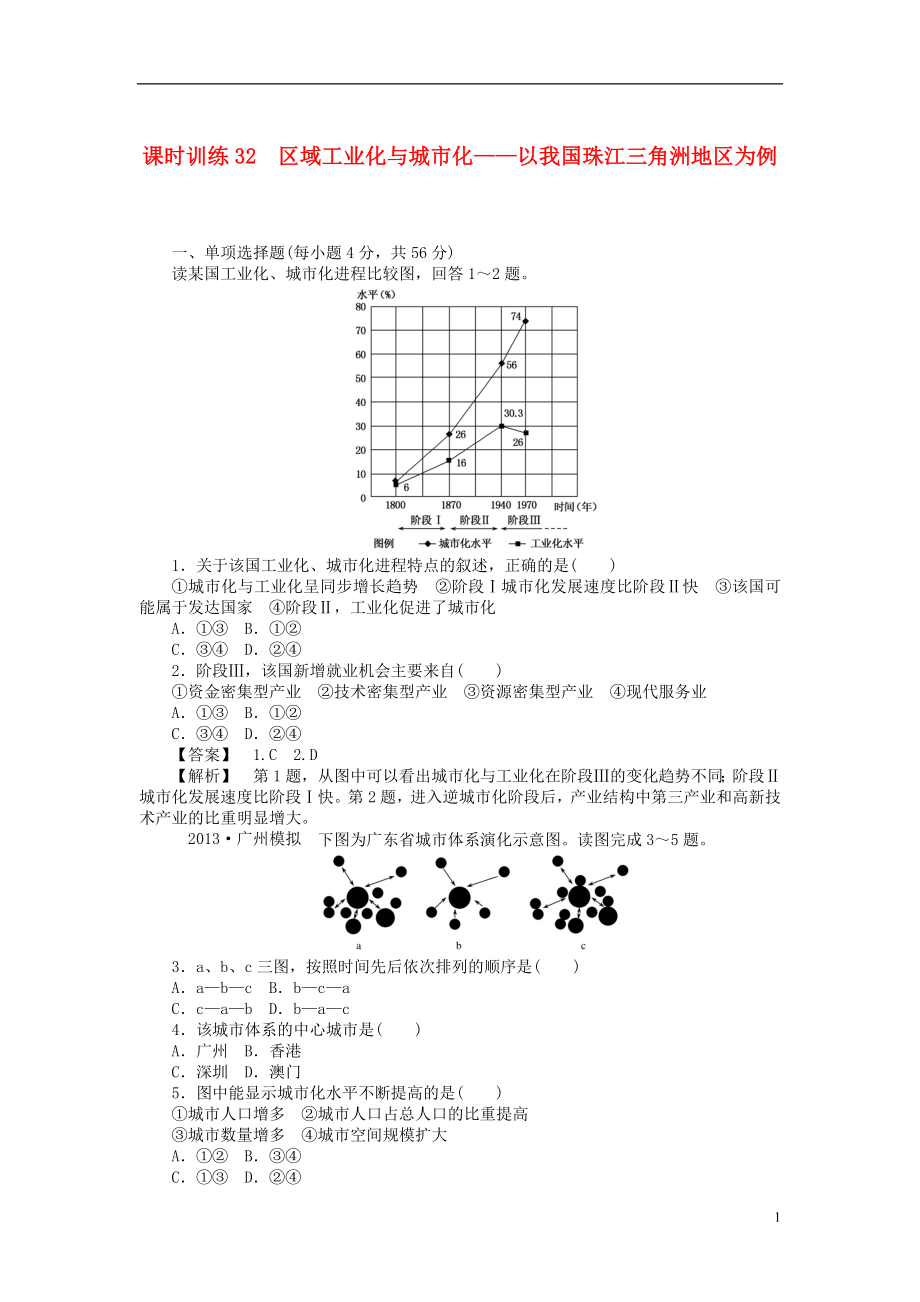 山東省2014屆高三地理 課時(shí)訓(xùn)練32 區(qū)域工業(yè)化與城市化 以我國珠江三角洲地區(qū)為例（含解析）_第1頁