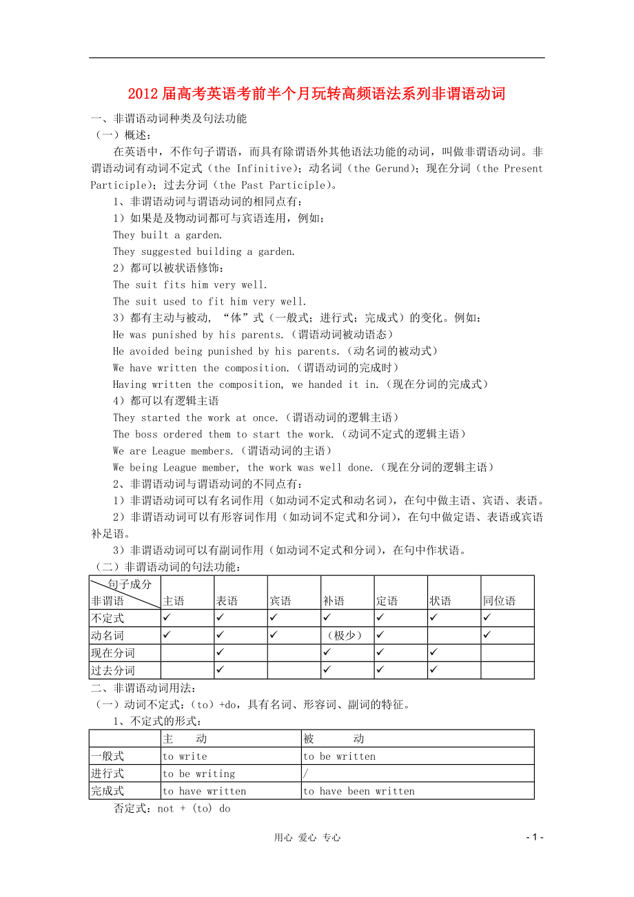 2012屆高考英語 考前半個月玩轉(zhuǎn)高頻語法系列非謂語動詞_第1頁