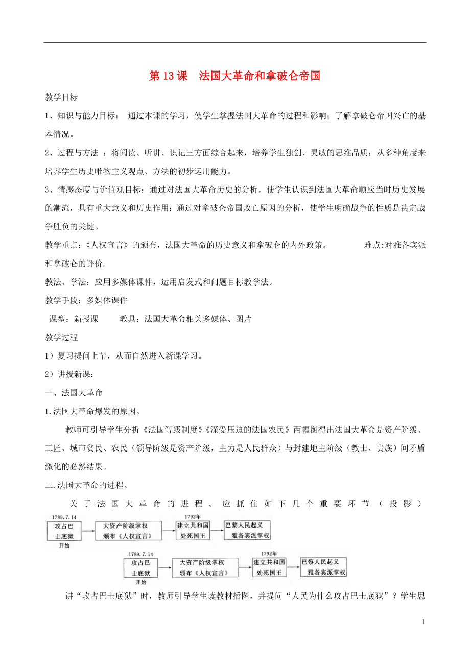 2013年九年級歷史上冊 第13課 法國大革命和拿破侖帝國教案 新人教版_第1頁