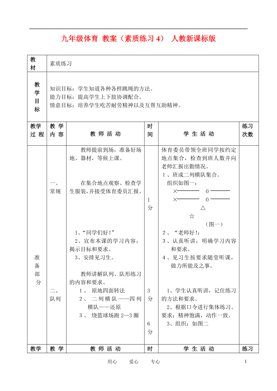 九年级体育 教案（素质练习4） 人教新课标版_第1页