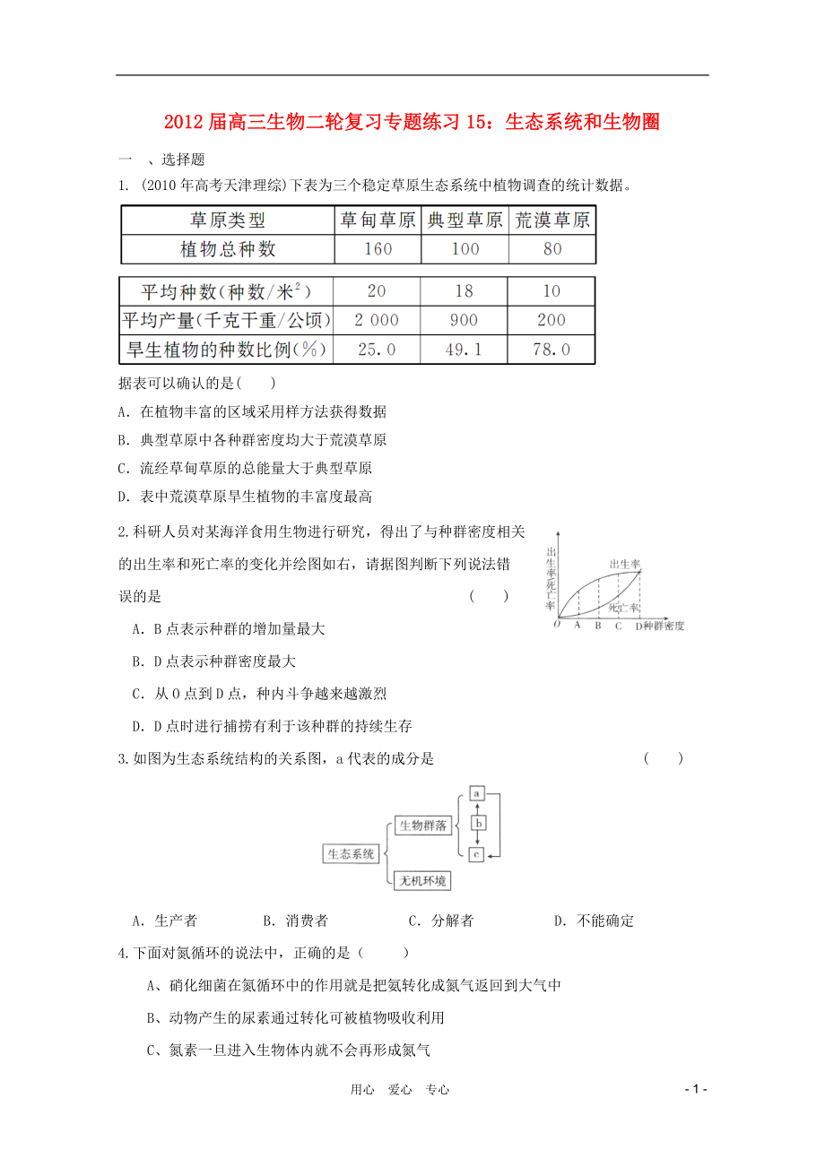 2012屆高三生物二輪復(fù)習(xí) 生態(tài)系統(tǒng)和生物圈專題練習(xí)15 新人教版_第1頁(yè)