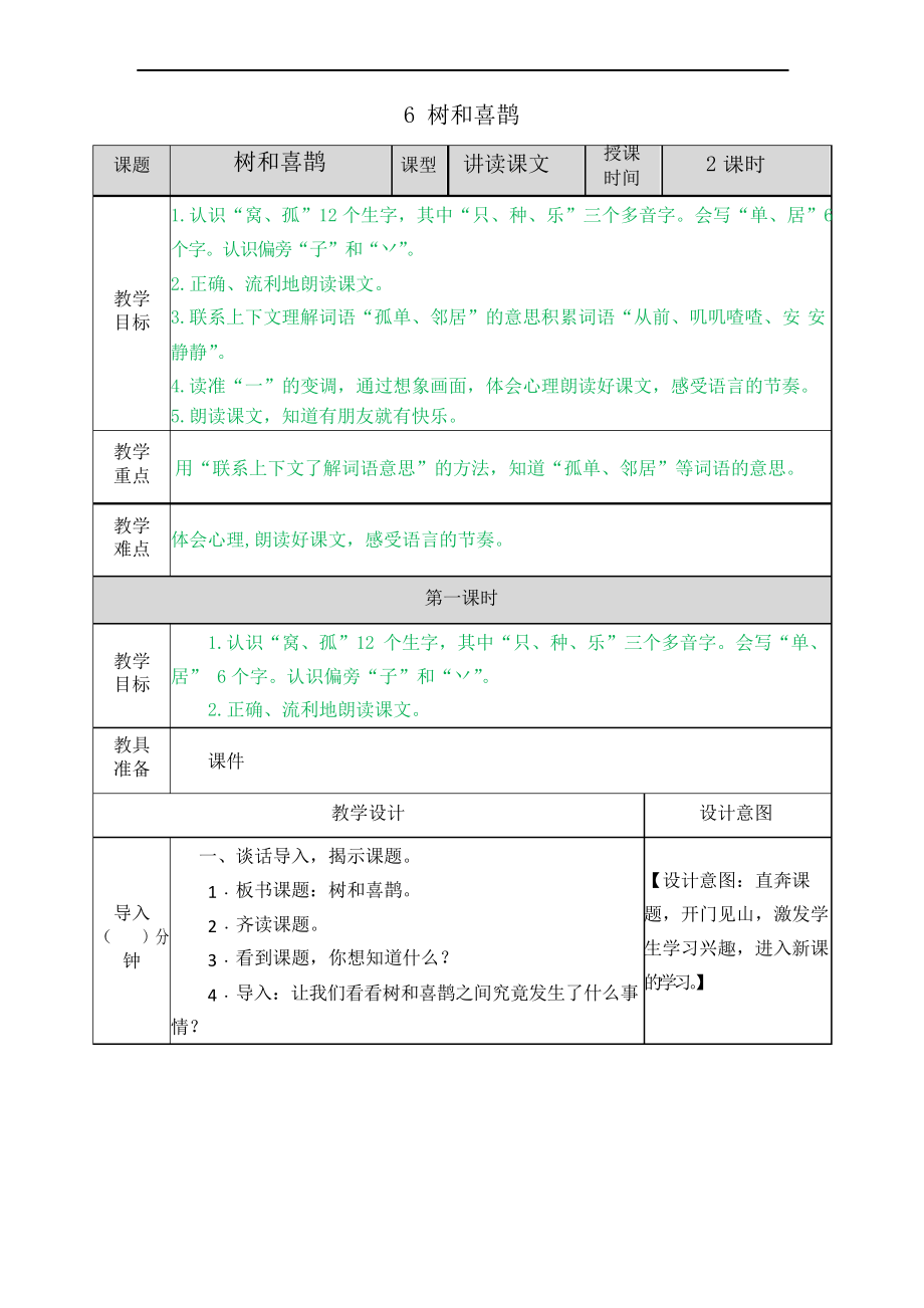 部編一年級下冊語文6 樹和喜鵲教案_第1頁