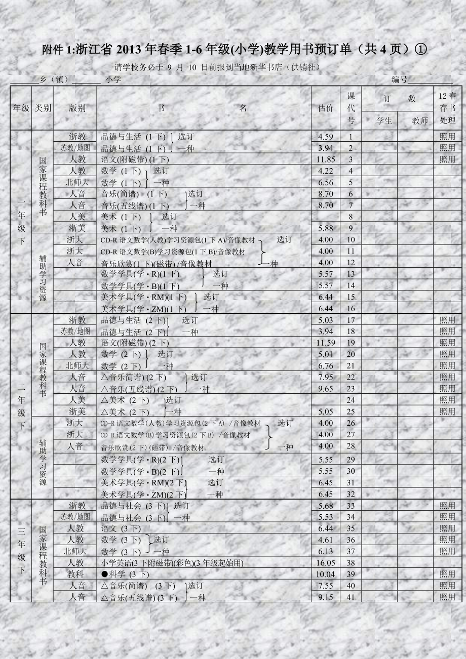 浙江省2013年春季1-6年级(小学)教学用书预订单(共9页)_第1页