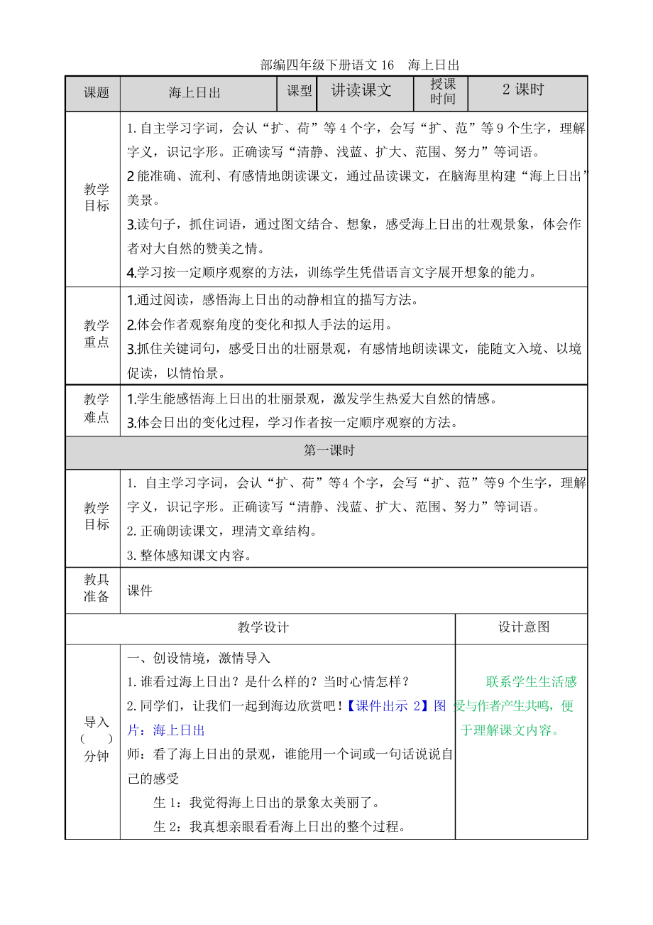 部編四年級(jí)下冊(cè)語文16 海上日出教案_第1頁