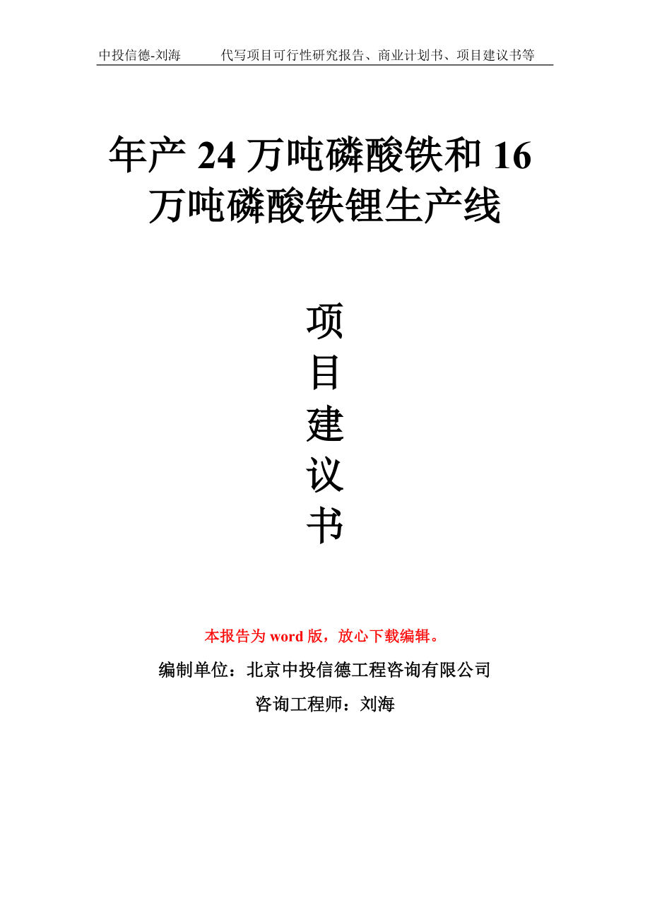 年产24万吨磷酸铁和16万吨磷酸铁锂生产线项目建议书写作模板_第1页