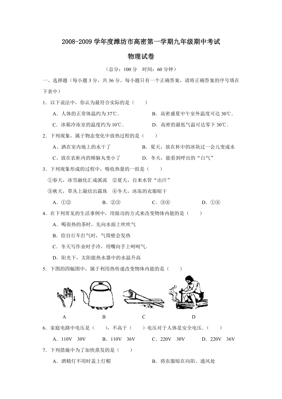 2008-2009学年度潍坊市高密第一学期九年级期中考试--初中物理_第1页