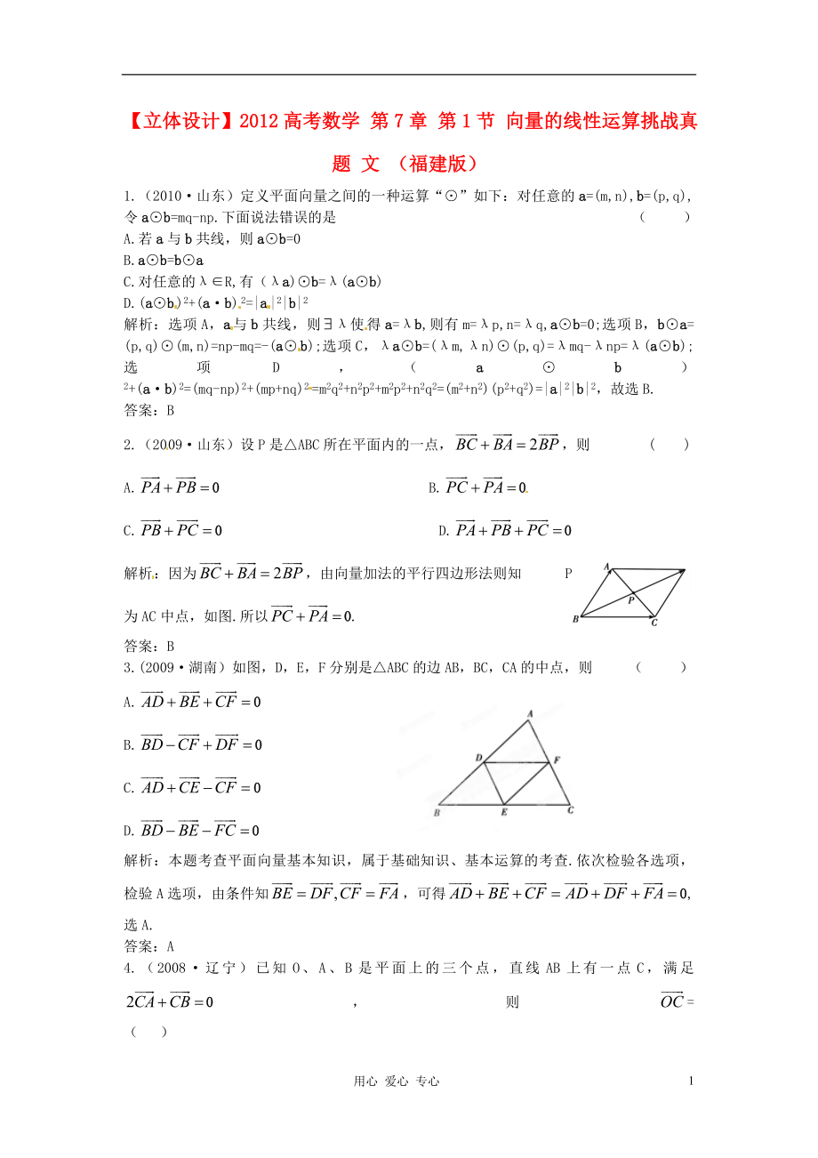 【立體設計】2012高考數(shù)學 第7章 第1節(jié) 向量的線性運算挑戰(zhàn)真題 文 （福建版）_第1頁