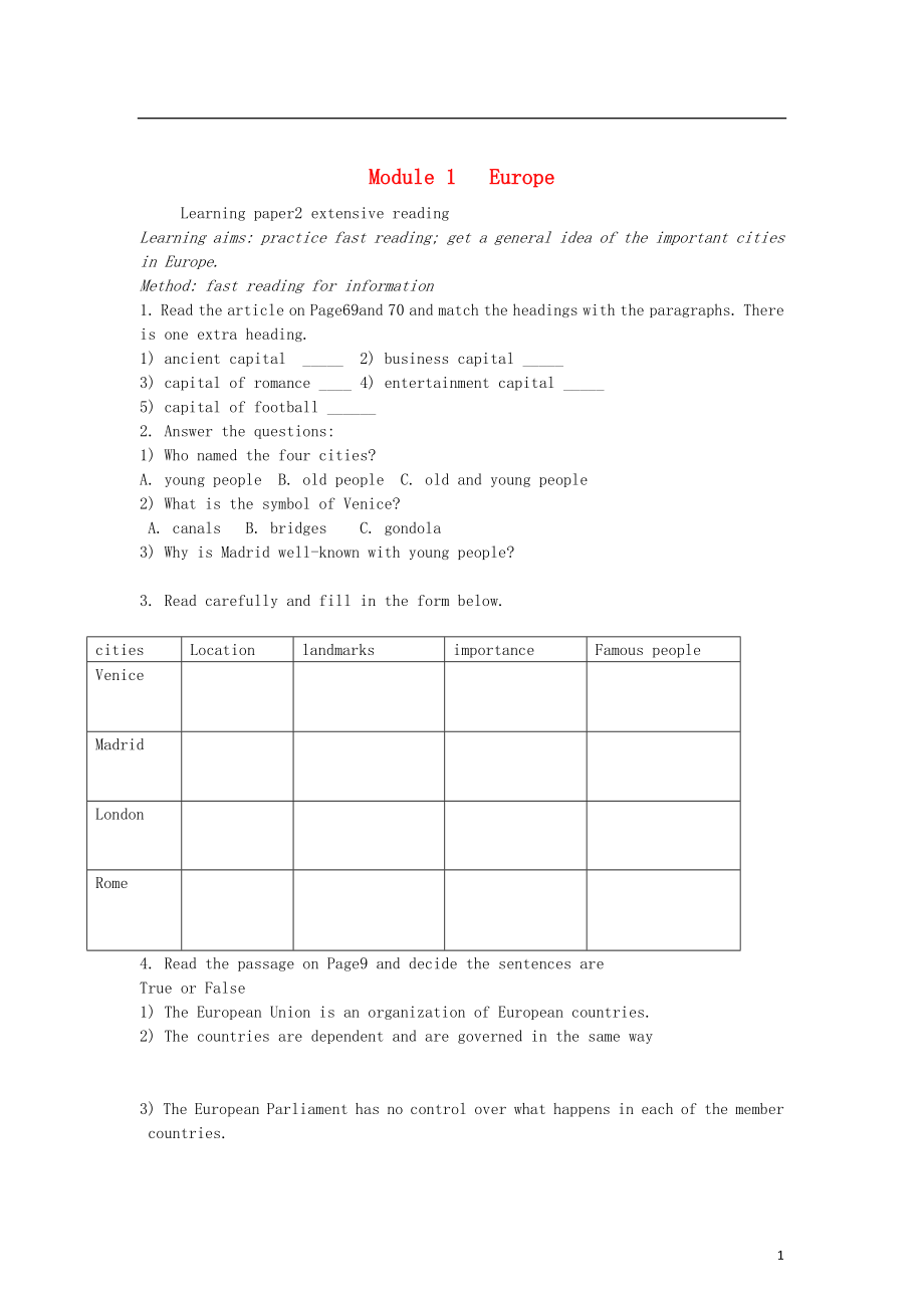 2012高中英語(yǔ) Module1 extensive reading學(xué)案 外研版必修3_第1頁(yè)