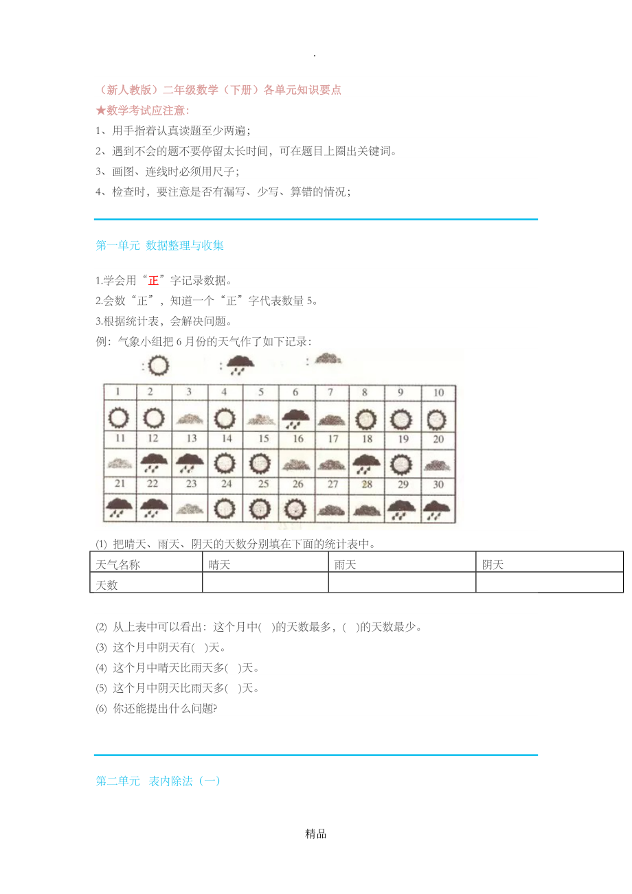 新人教版二年级数学下册各单元知识要点_第1页