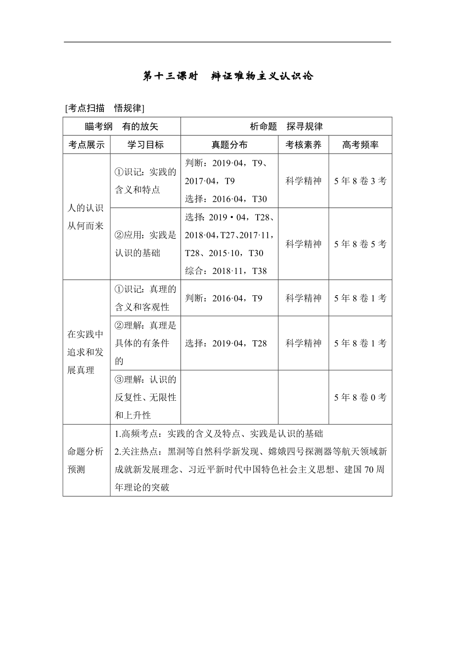 高考政治攻略大二轮浙江专用讲义增分练：第十三课时 辩证唯物主义认识论 Word版含解析_第1页