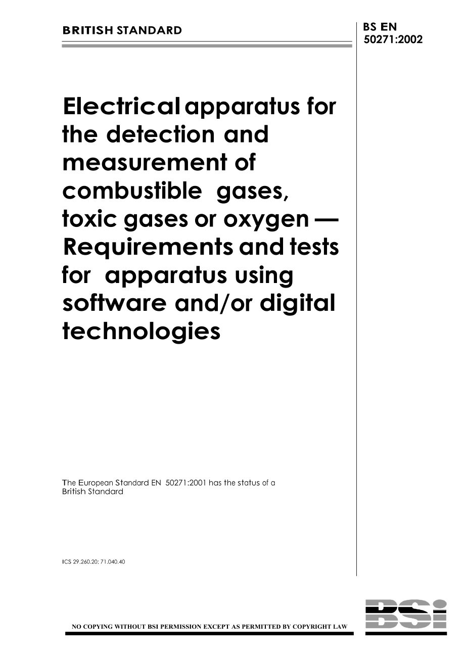 BS英国标准BS EN 502712001 Electrical apparatus for the detection and measurement of combustible_第1页
