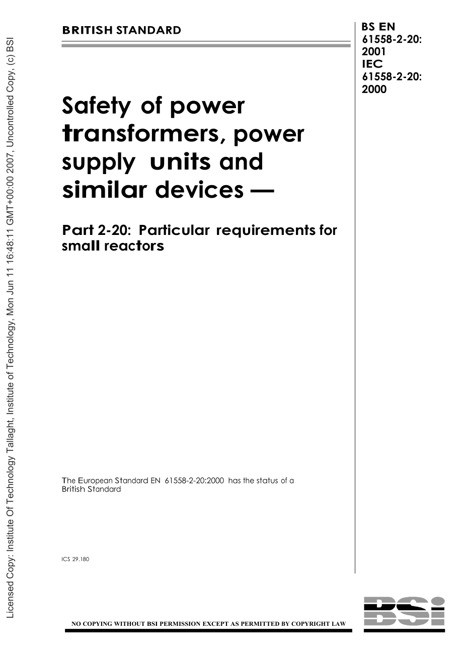 【BS英国标准】BS EN 615582202001 Safety of power transformers, power supply units and similar de_第1页