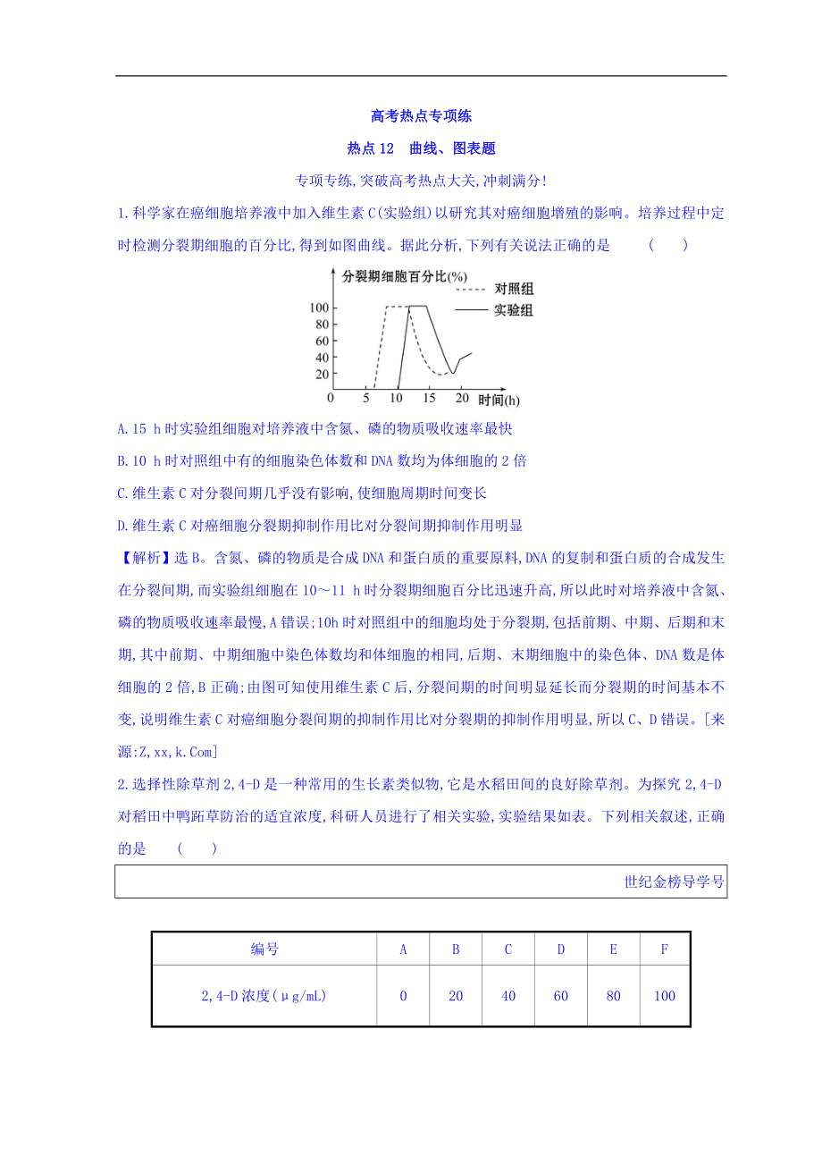 高中生物二輪復習高考熱點專項練： 熱點12 Word版含答案_第1頁