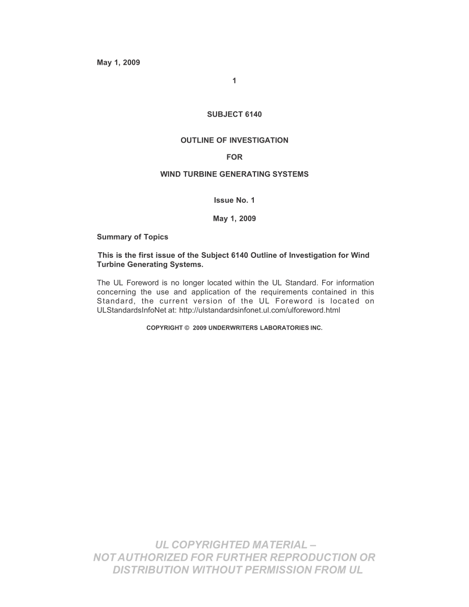 【行业标准】UL 6140 Outline of Investigation for Wind Turbine Generating Systems_第1页