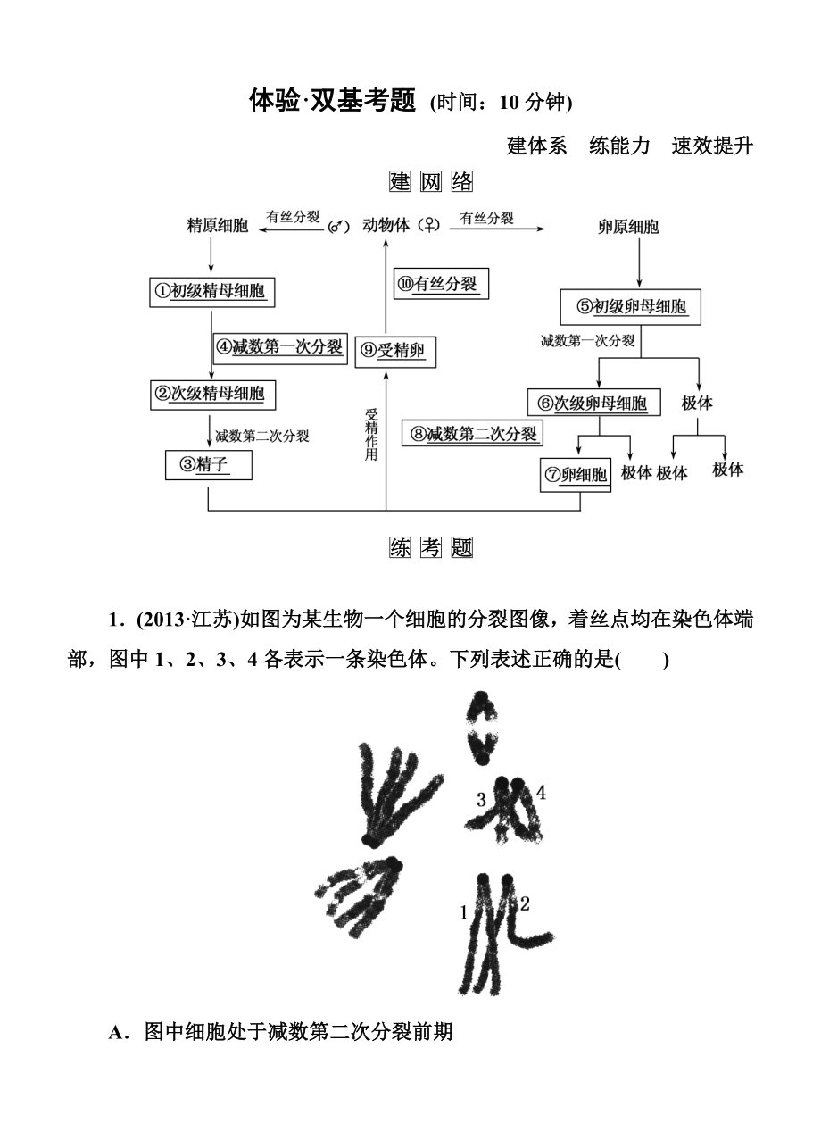 【名師一號】高考生物(人教版通用)總復(fù)習(xí)體驗雙基考題：第14講 減數(shù)分裂與受精作用_第1頁