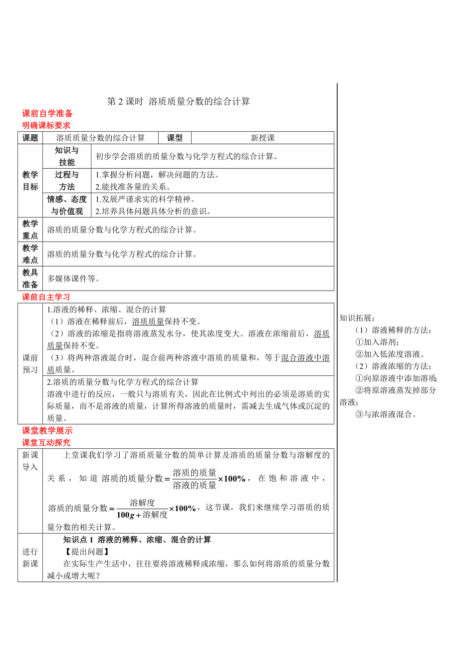 人教版九年級下冊化學(xué) 第9單元 溶質(zhì)質(zhì)量分?jǐn)?shù)的綜合計算（導(dǎo)學(xué)案）_第1頁