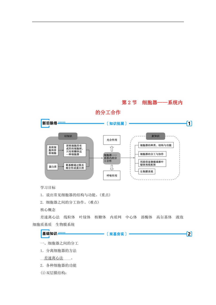 高中生物必修1學(xué)案： 第三章 細(xì)胞的基本結(jié)構(gòu)第2節(jié) 細(xì)胞器——系統(tǒng)內(nèi)的分工合作學(xué)案 新人教版必修1_第1頁(yè)