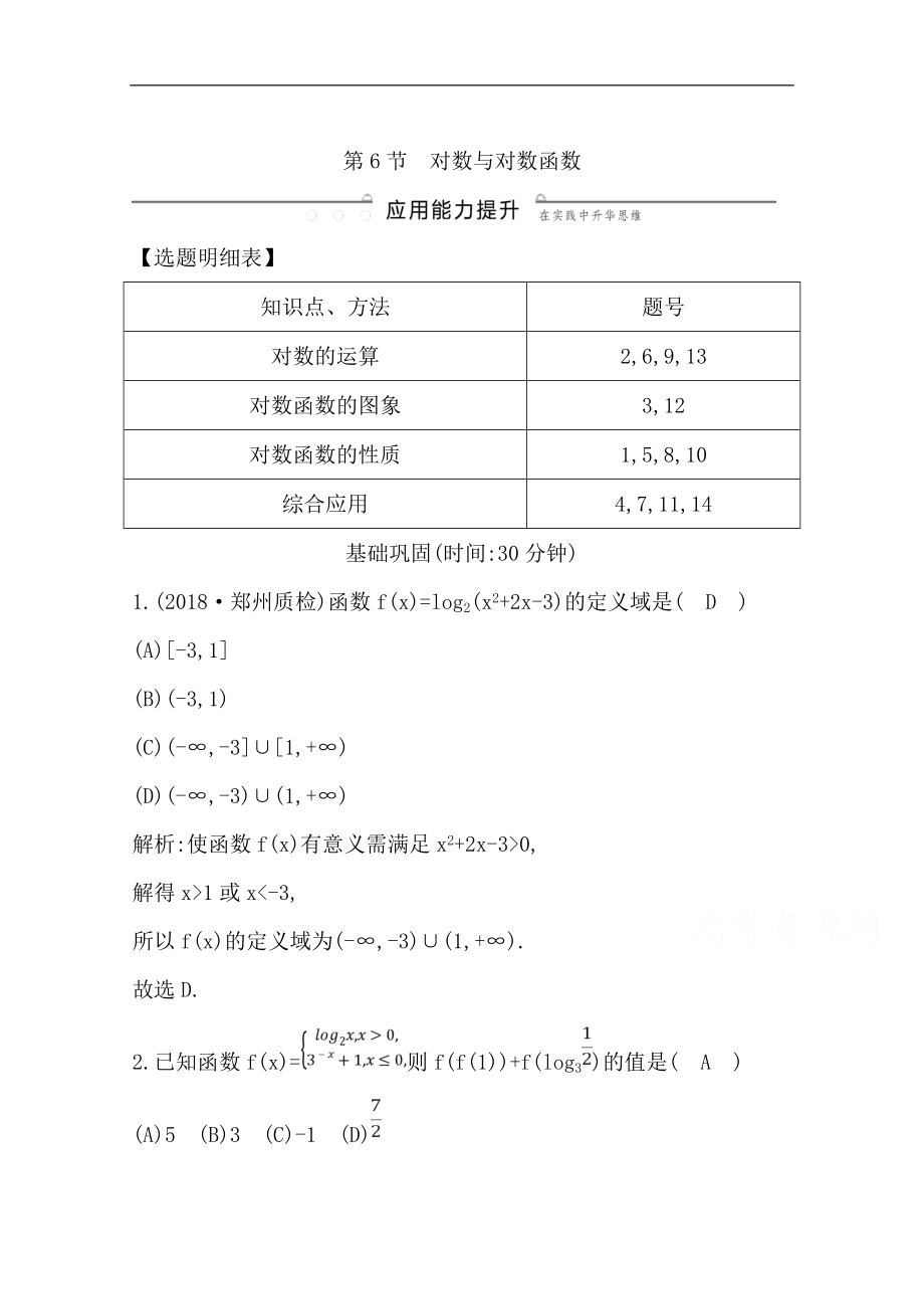 版一轮复习理科数学习题：第二篇　函数及其应用必修1 第6节　对数与对数函数 Word版含解析_第1页