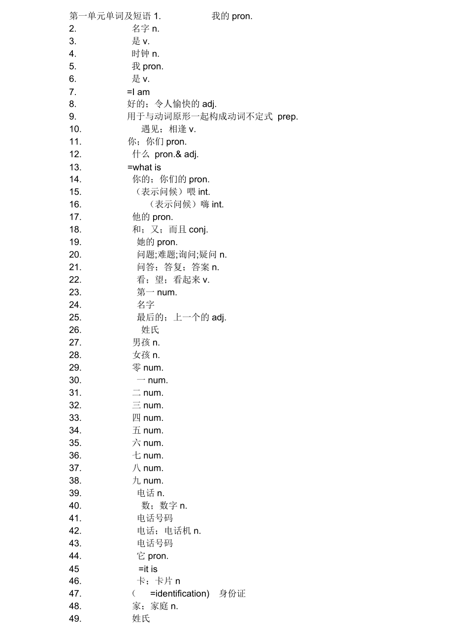 七年级英语上册单词表(中文)_第1页