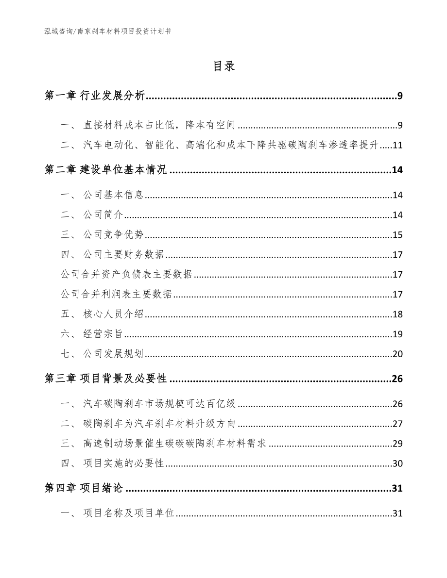 南京刹车材料项目投资计划书（范文参考）_第1页