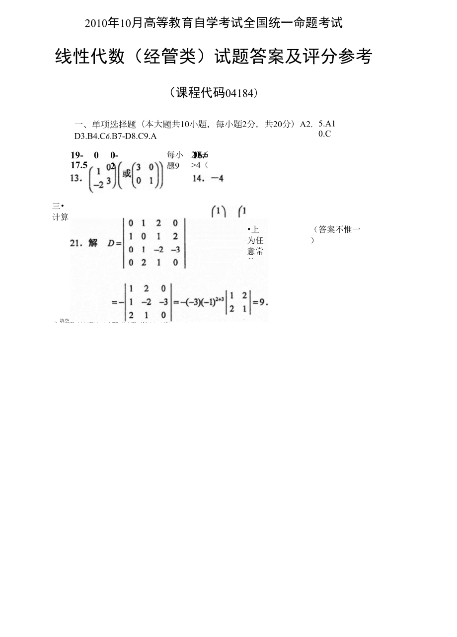 《高等教育自學(xué)考試》《線性代數(shù)》1010_第1頁