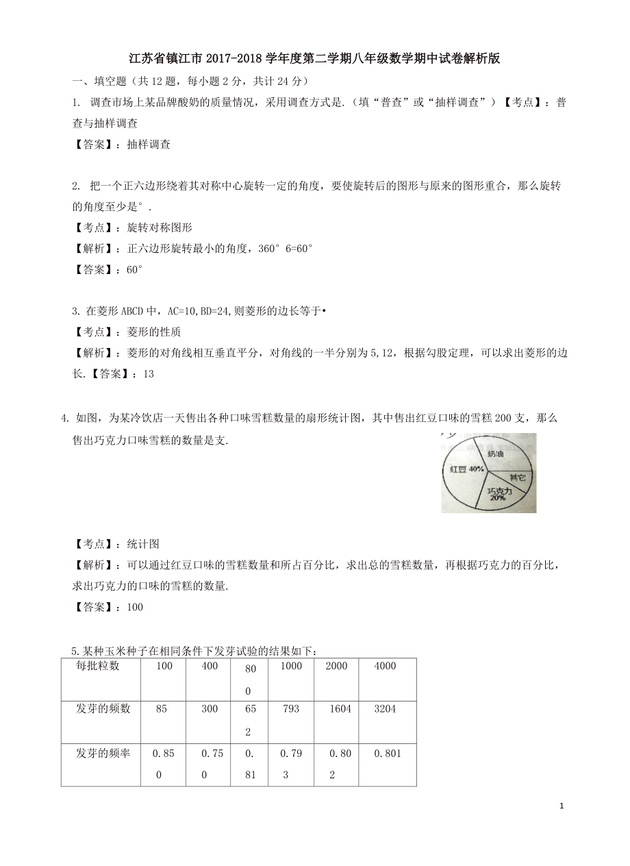 2018年江苏省镇江市八年级下数学期中试题及答案_第1页