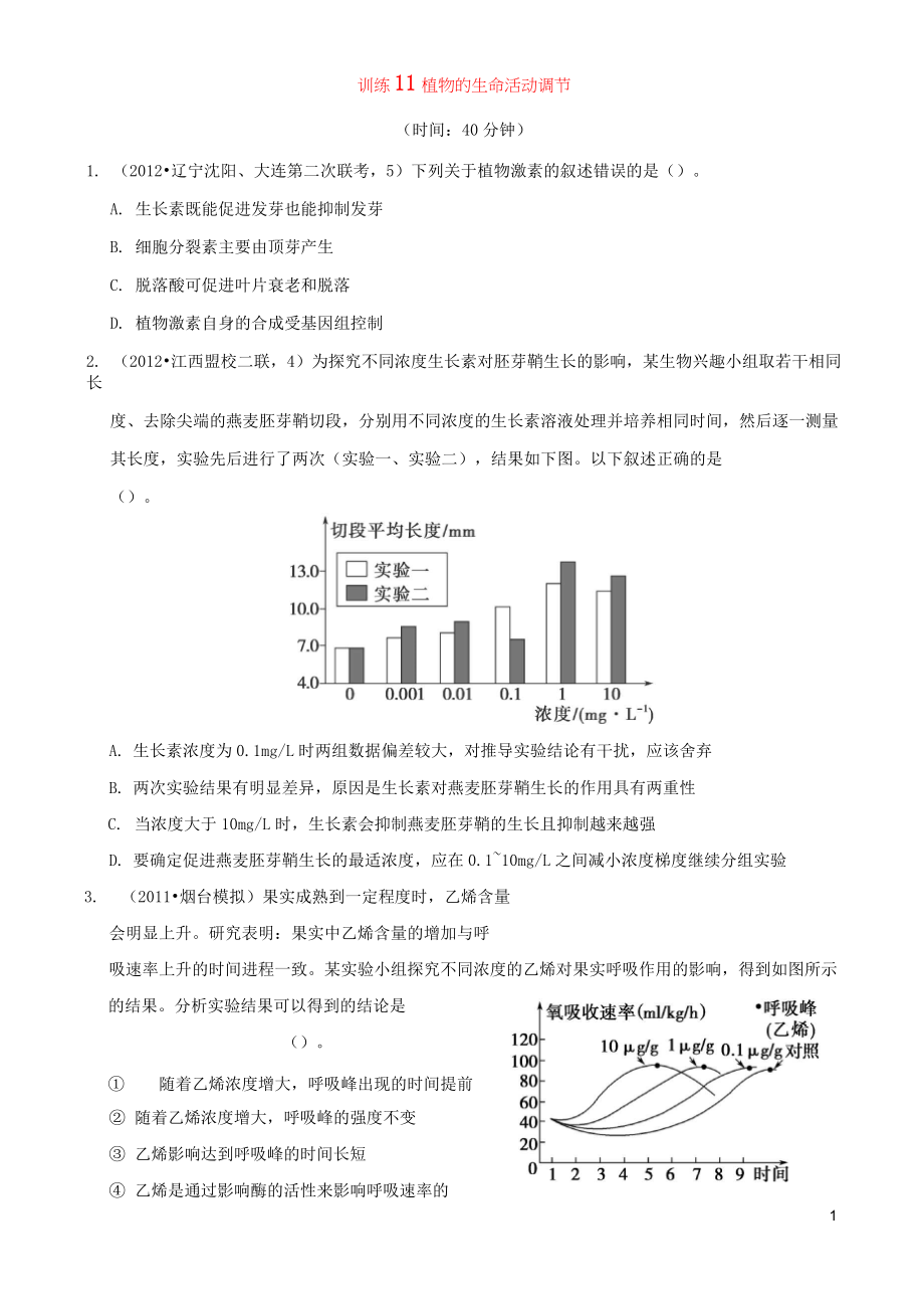 2013年高考生物二輪復(fù)習(xí)專練 專題11 植物的生命活動調(diào)節(jié) 新人教版_第1頁