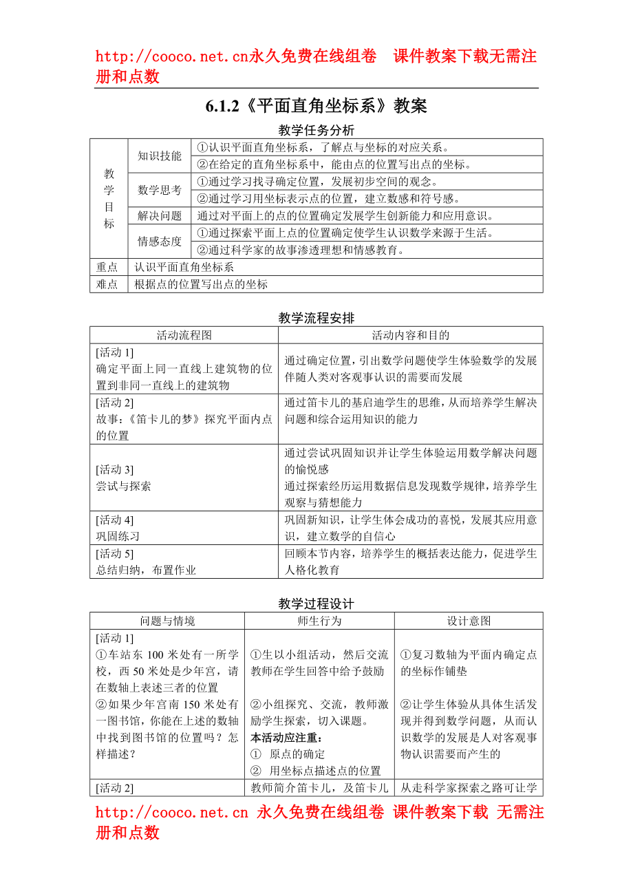 6.1 平面直角坐標(biāo)系 教案 (1)doc--初中數(shù)學(xué)_第1頁(yè)