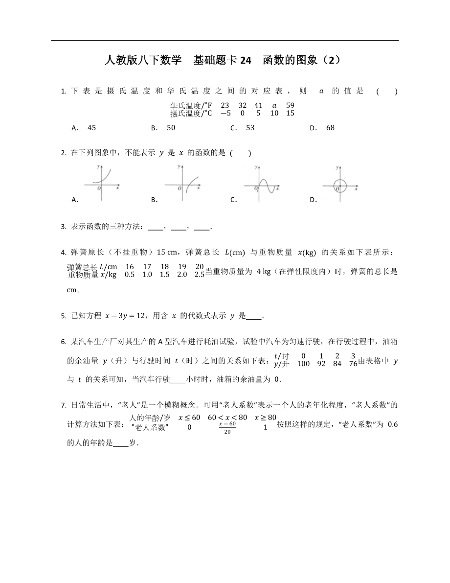 人教版八下數(shù)學基礎(chǔ)題卡24函數(shù)的圖象（2）_第1頁