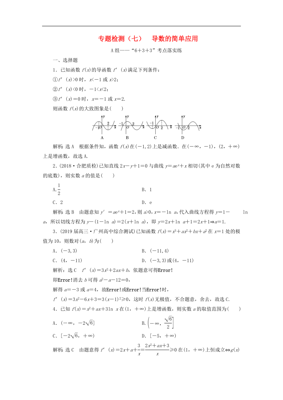 通用版高考数学二轮复习课件训练：专题检测七导数的简单应用理_第1页