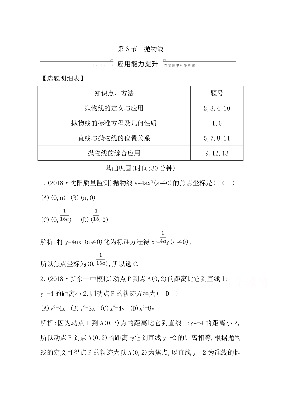 版一輪復習理科數學習題：第八篇　平面解析幾何必修2、選修11 第6節(jié)　拋物線 Word版含解析_第1頁