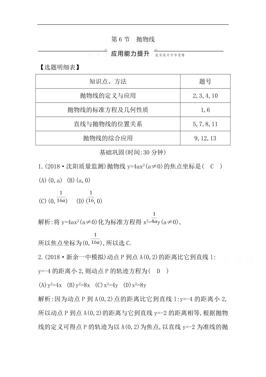 版一轮复习文科数学习题：第八篇　平面解析几何必修2、选修11 第6节　抛物线 Word版含解析_第1页