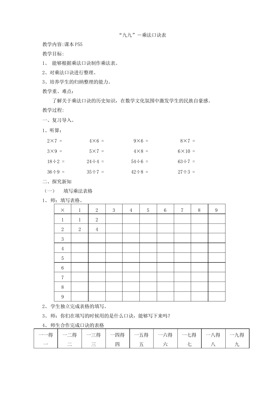 “九九”-乘法口訣表數(shù)學(xué)二年級上冊_第1頁