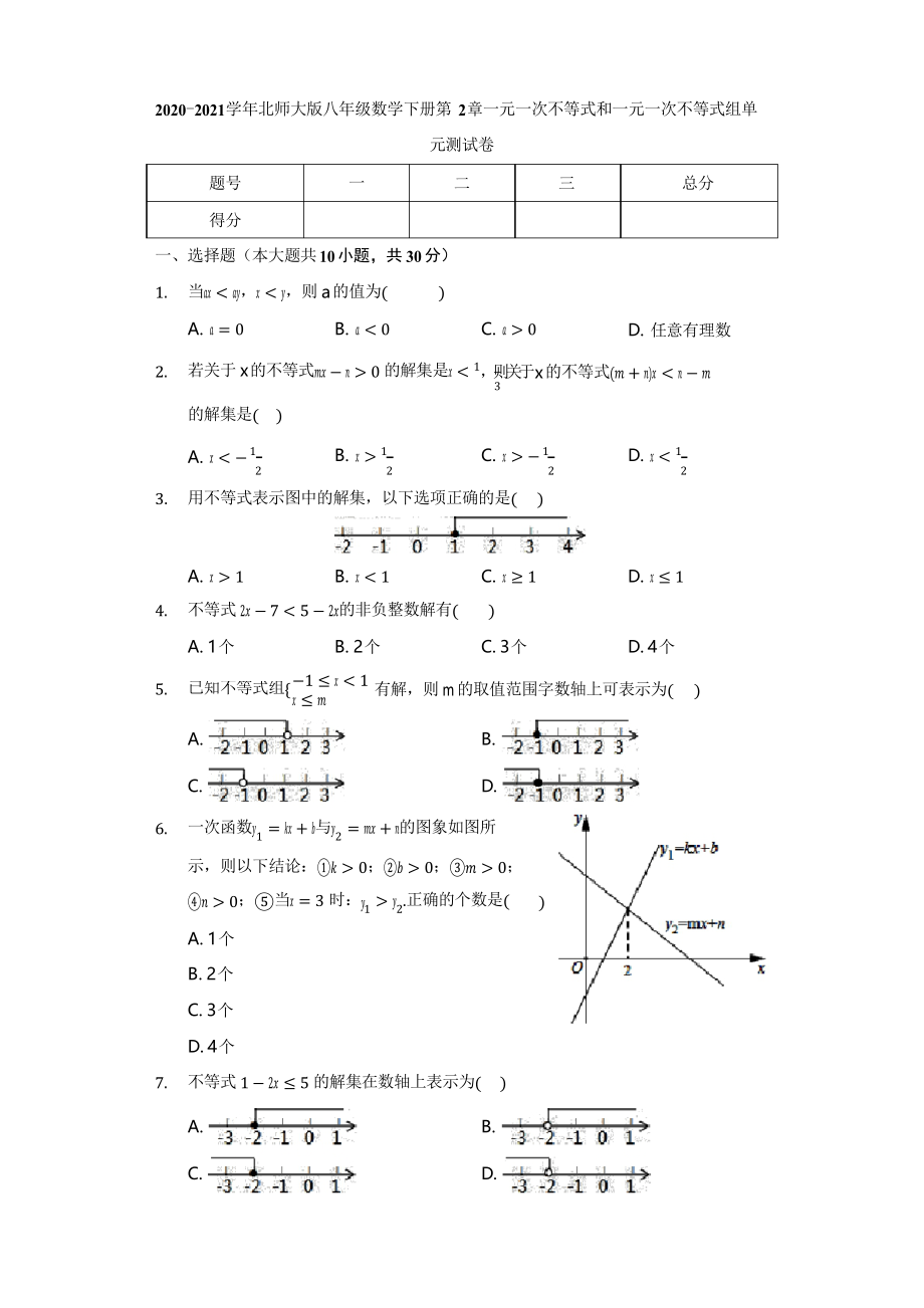 2020-2021學(xué)年北師大版八年級(jí)數(shù)學(xué)下冊(cè) 第2章 一元一次不等式和一元一次不等式組 單元測(cè)試卷_第1頁(yè)