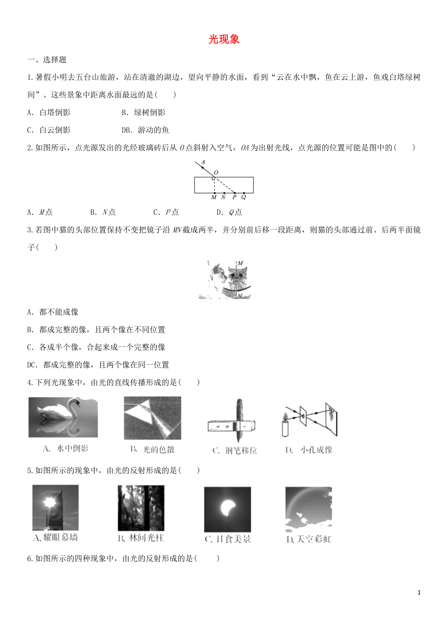 2020届中考物理知识点强化练习卷二光现象含解析新版新人教版_第1页