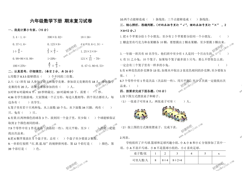 人教新课标六年级数学下册期末复习试卷_第1页