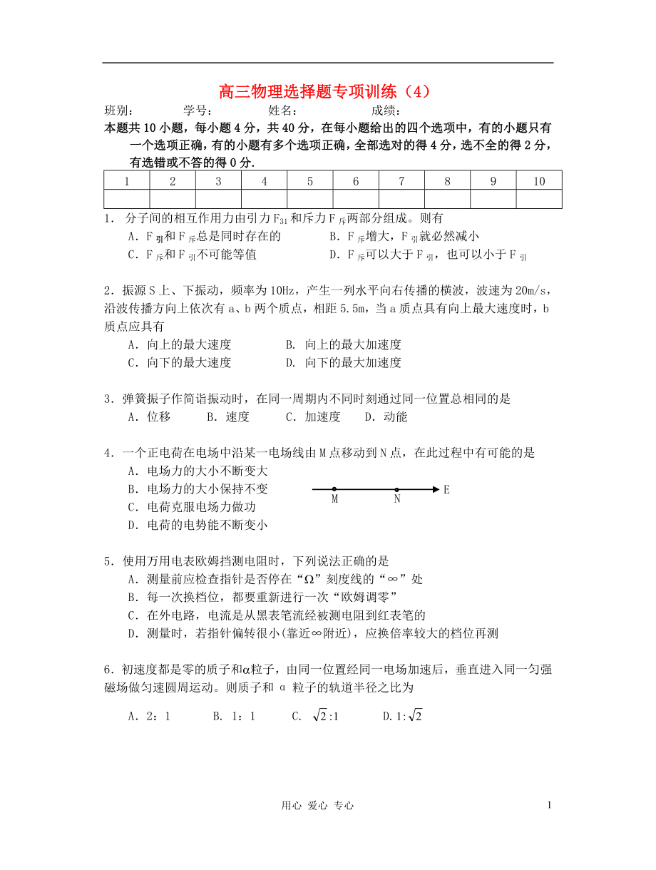 高三物理 選擇題專項訓練(4)_第1頁