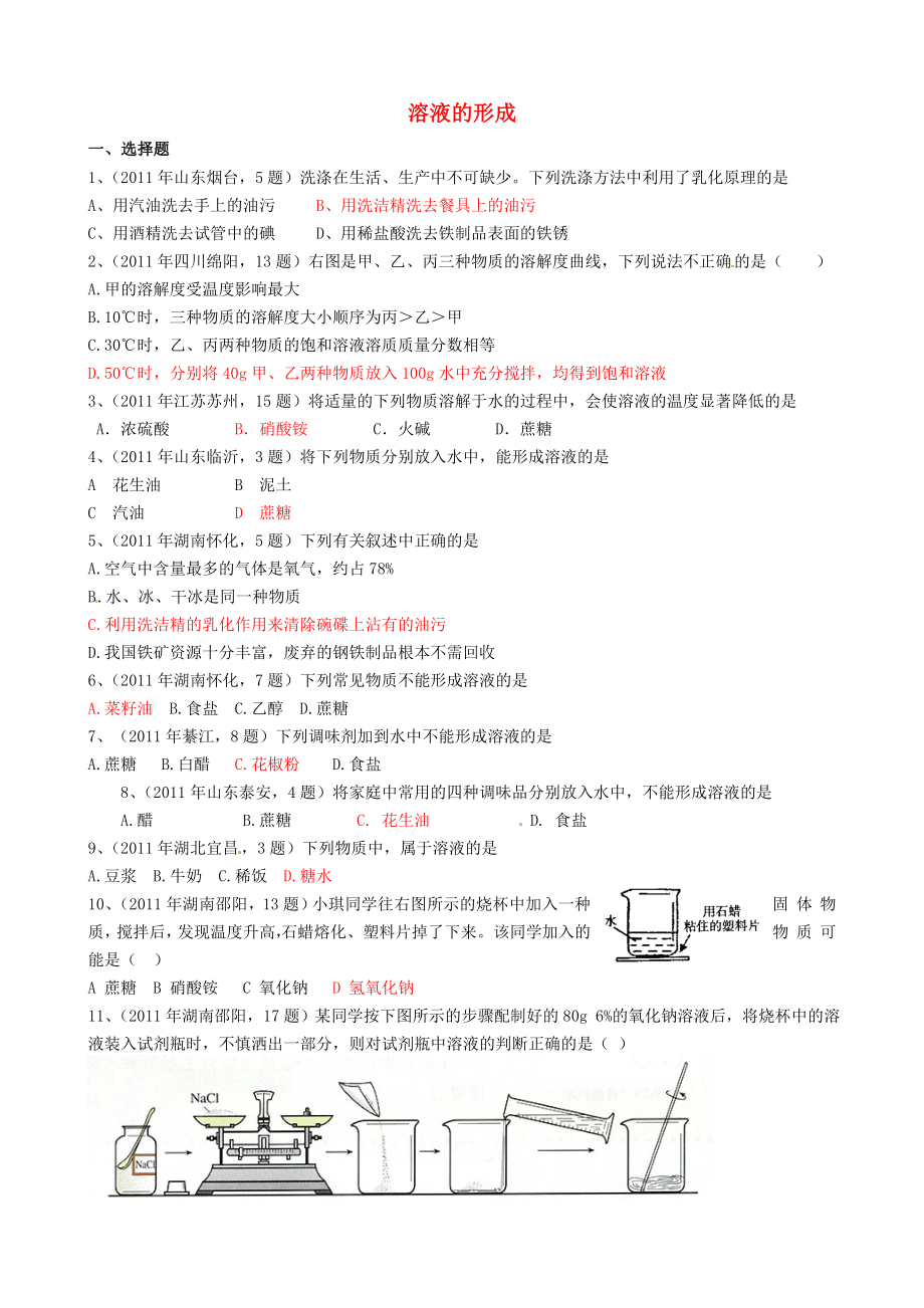 九年級化學(xué)下冊 第九單元 溶液《課題1 溶液的形成》考點匯編 新人教版_第1頁