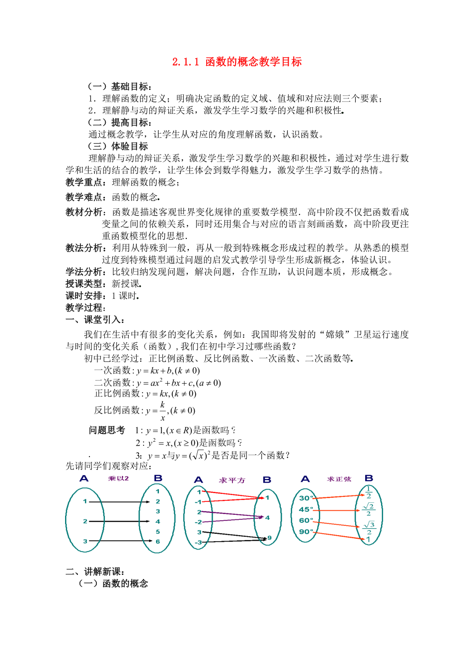 高中数学 函数的概念教案2 新人教A版必修1高一_第1页