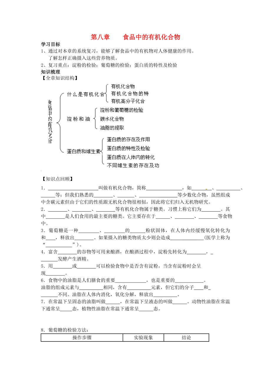 江蘇省徐州市豐縣創(chuàng)新外國語學(xué)校九年級化學(xué)全冊 第8章 食品中的有機化合物復(fù)習(xí)學(xué)案（無答案）（新版）滬教版_第1頁