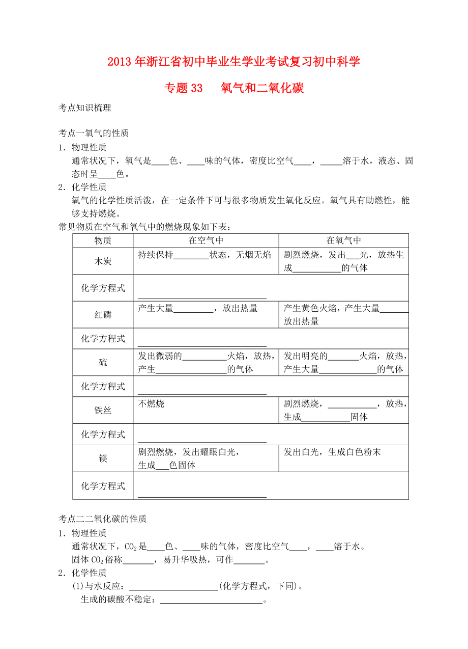 浙江省2013年初中科學(xué)畢業(yè)生學(xué)業(yè)考試復(fù)習(xí) 專(zhuān)題33 氧氣和二氧化碳（無(wú)答案）_第1頁(yè)