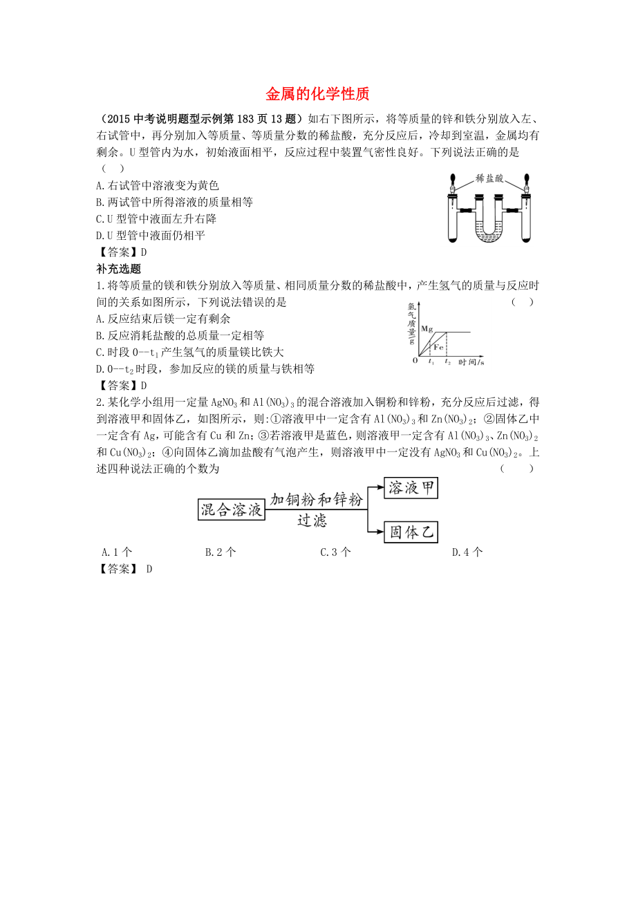 陕西省2015中考化学考点拓展 金属的化学性质_第1页