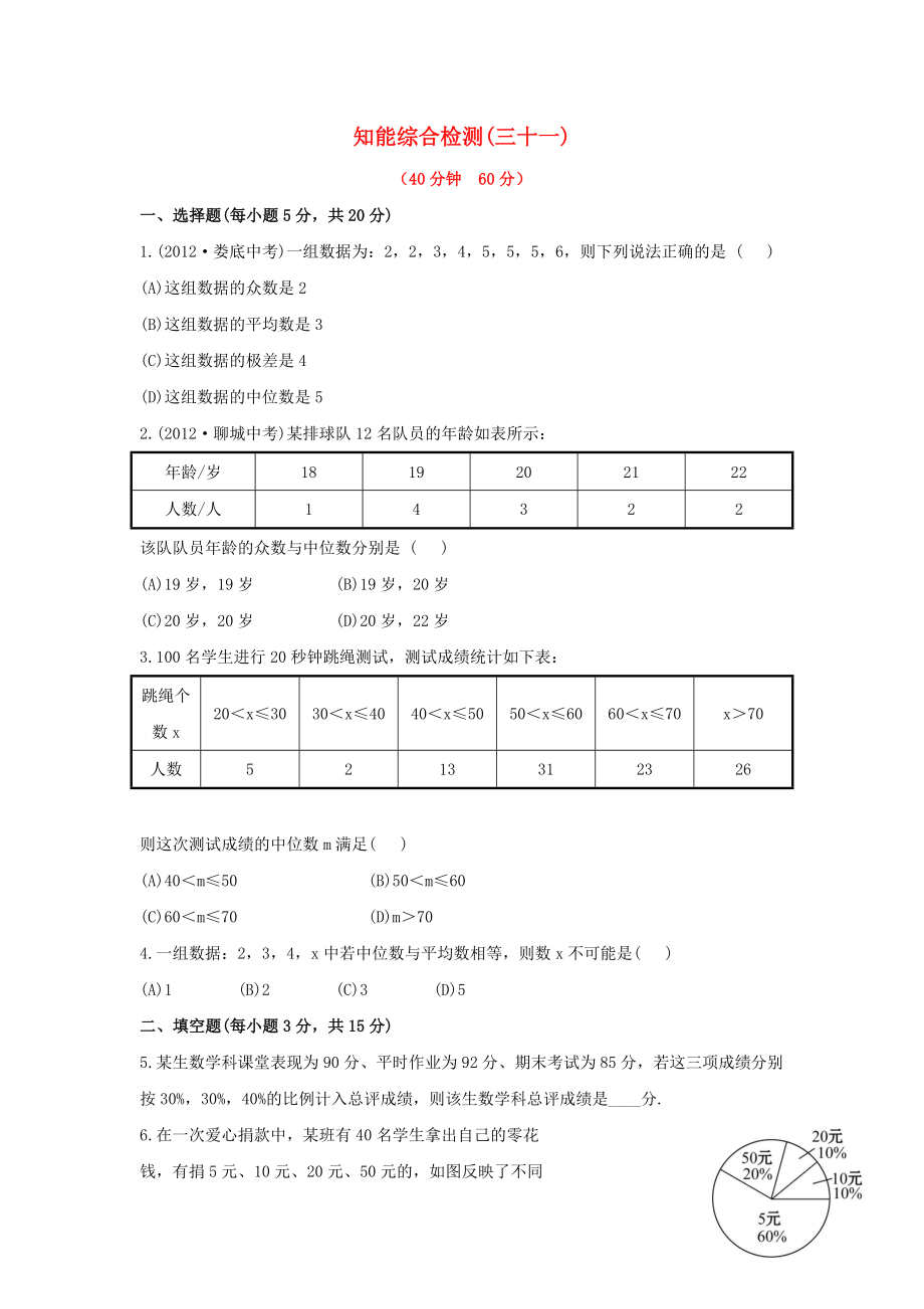 中考數(shù)學 第三十一講 知能綜合檢測 華東師大版_第1頁