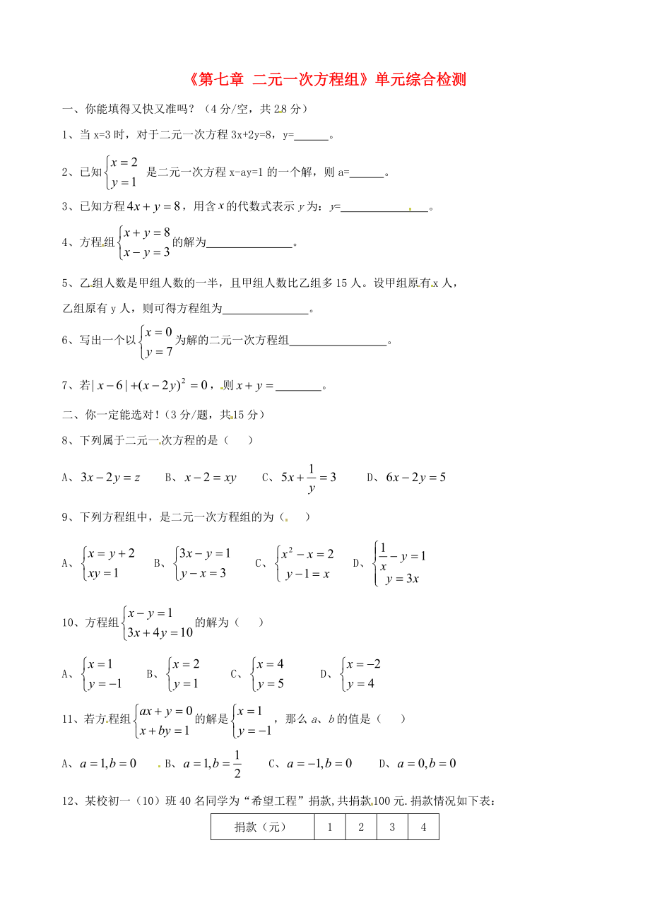 四川省蓬溪外國語實驗學(xué)校七年級數(shù)學(xué)下冊《第七章 二元一次方程組》單元綜合檢測 華東師大版_第1頁