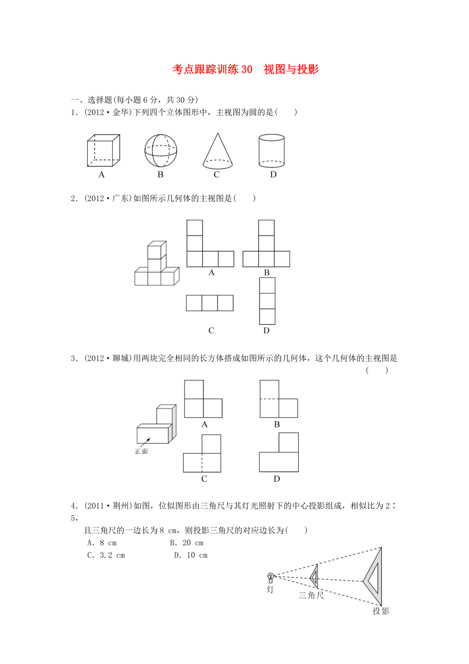 浙江省2013年中考數(shù)學(xué)一輪復(fù)習(xí) 考點(diǎn)跟蹤訓(xùn)練30 視圖與投影（無答案）_第1頁