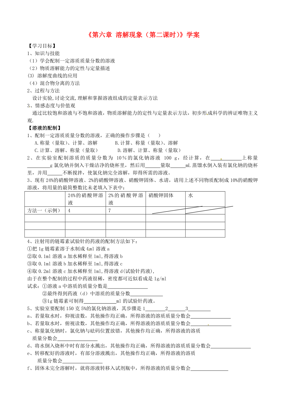 江蘇省邳州市第二中學(xué)九年級(jí)化學(xué)上冊(cè)《第六章 溶解現(xiàn)象（第二課時(shí)）》學(xué)案（無(wú)答案） 新人教版_第1頁(yè)