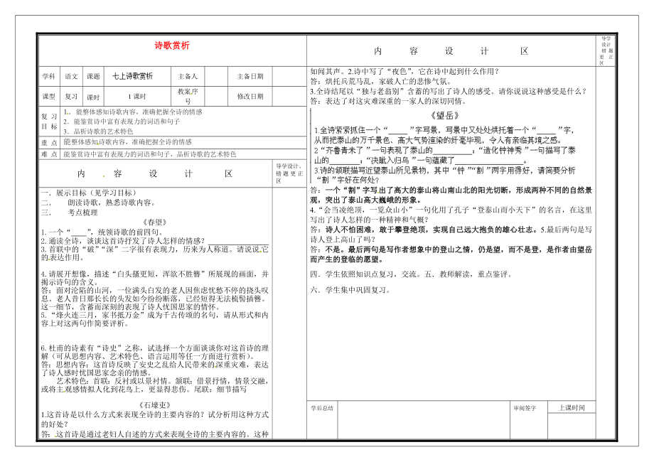 山东省淄博淄川区磁村镇中学2015届中考语文一轮复习 七上 诗歌赏析学案（无答案）_第1页