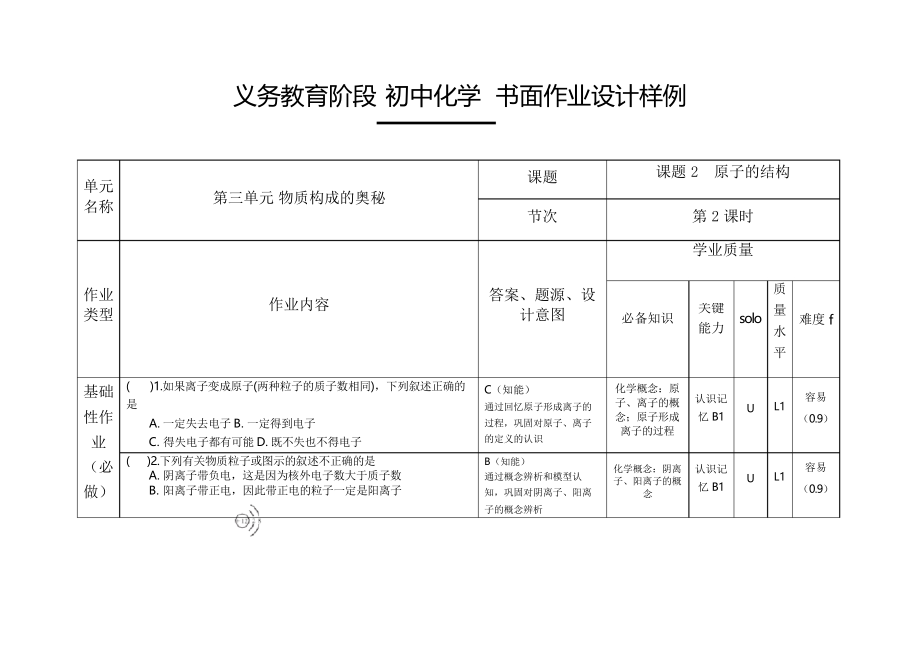 人教版九年級化學 雙減分層作業(yè)設計樣例 案例 第三單元 課題2 原子的結(jié)構(gòu)_第1頁