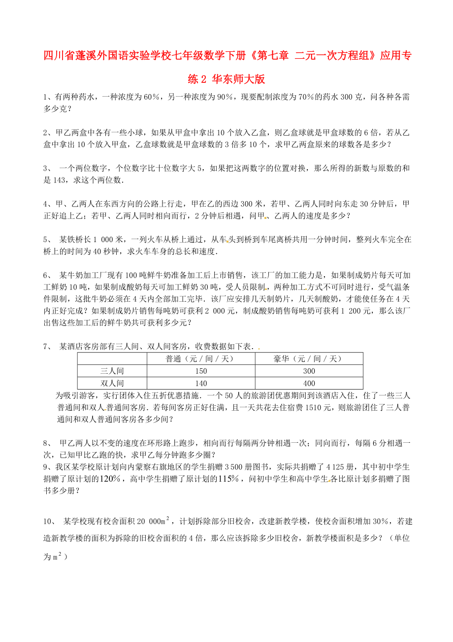 四川省蓬溪外國語實驗學(xué)校七年級數(shù)學(xué)下冊《第七章 二元一次方程組》應(yīng)用專練2（無答案） 華東師大版_第1頁